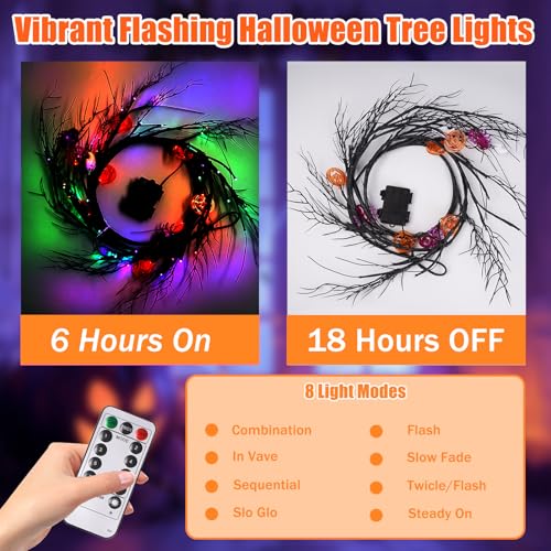 6Ft Halloween LED Willow Twig Garland with Remote Control - Bats, Ghosts, Pumpkins & Eyeballs, 8 Modes Indoor Outdoor Decor