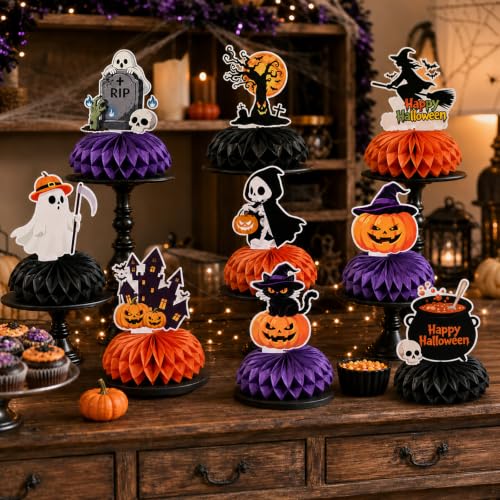 Halloween Honeycomb Centerpieces Set - 9 Festive Table Decorations