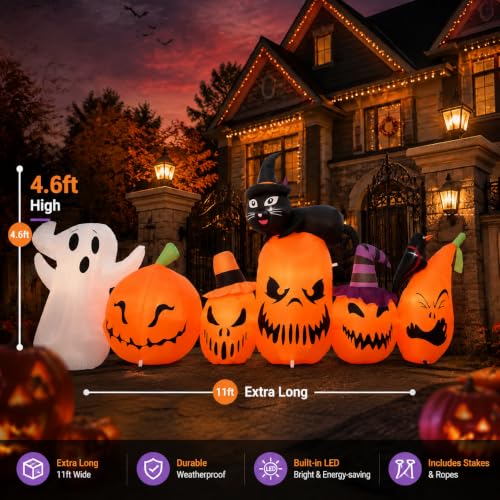 11FT Halloween Inflatable Pumpkins with LED Lights - Black Cat Variation 5 PCS Yard Decorations