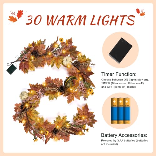 Fall Maple Leaf Pumpkin Berry Garland - 6 Ft with Lights, Style-2
