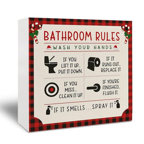 Christmas Bathroom Rules Wooden Sign - Farmhouse Holiday Decor, 5x5 Inch