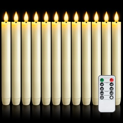 12 Pcs Ivory Flameless Taper Candles with Remote Timer & Dimmer - 9.6 Inch LED Battery Candlesticks for Wedding Home Christmas Decor - Variation: Ivory 12