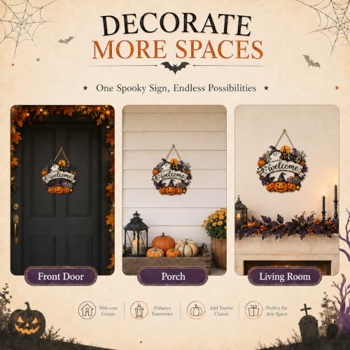 Halloween Wooden Door Wreath Sign - Rustic Fall Porch Decor with Ghost Pumpkin Bat