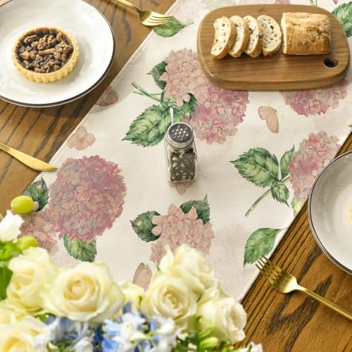 Pink Hydrangea Butterfly Spring Table Runner 13x72 Inch - Seasonal Home Decor