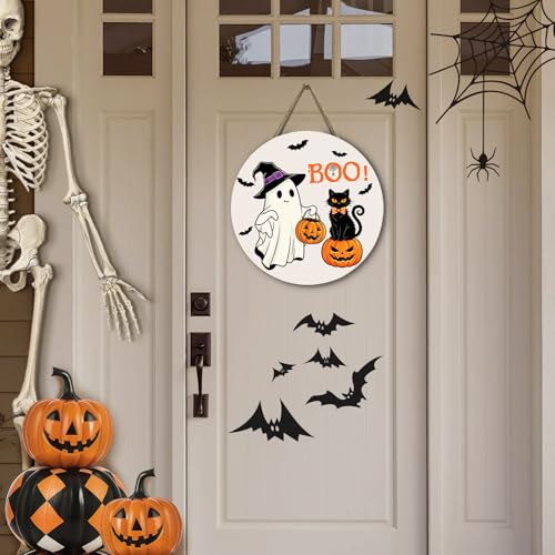 Halloween Boo Door Hanger Ghost and Black Cat Sign - 12x12 Inch Outdoor Wreath with Jack-o'-Lanterns and Bats - Black Cat Ghost Variation