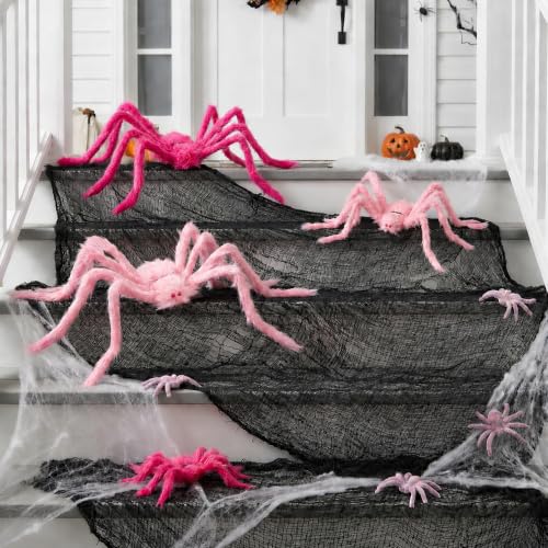 Pink Fuzzy Halloween Spider Decorations Set - Giant & Mini Spiders with Poseable Legs