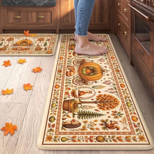 Orange Fall Pumpkin Carriage Kitchen Mat - Autumn Decor, Non-Slip, Washable