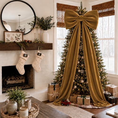 Large Velvet Christmas Tree Topper Bow - 24 Inch Wide Holiday Decor with Variation Light Brown