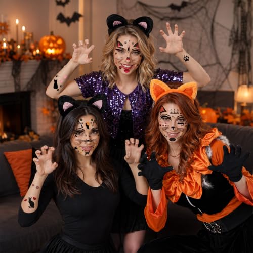 Cat Face Tattoos for Women & Girls - 6 Sheets with Paw Ears & Whiskers - Variation: Cat