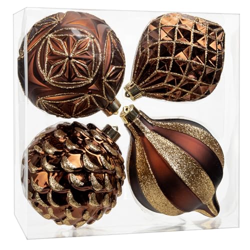 Christmas Ornaments Set - Brown & Gold Shatterproof Tree Balls, 4.7 Inch - Hollyone