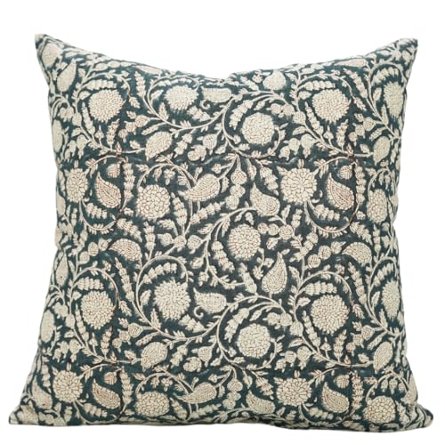 24x24 Inch Handmade Block Print Cotton Linen Throw Pillow Cover - Dark Blue