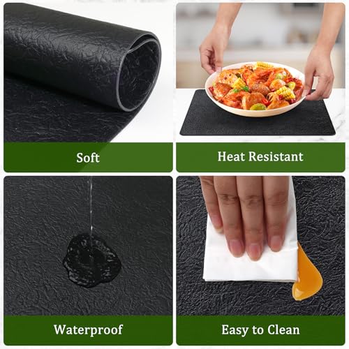 Black Faux Leather Halloween Placemats & Coasters Set of 6 - Non-Slip Waterproof Heat-Resistant Table Mats