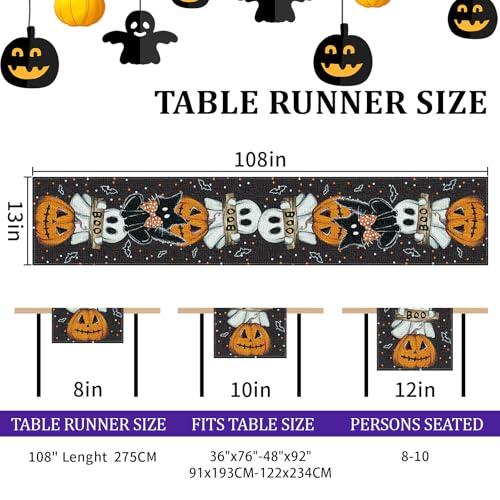 Halloween Table Runner 13x108 Inches Spooky Pumpkin Web Decor for Kitchen & Dining - Black