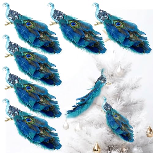 Peacock Christmas Tree Ornaments Set - Long Tail Feather Bird Decorations - Classic Style, 6 Pieces