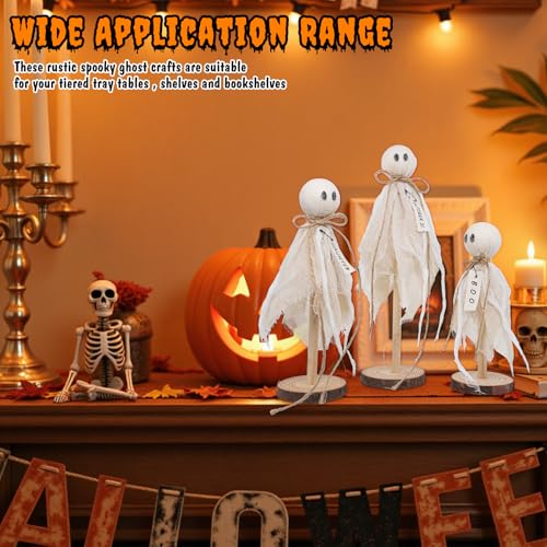 Wooden Ghost Halloween Decorations Indoor Set of 3 Rustic Shelf Sitters with Fabric Ghosts - White Variation