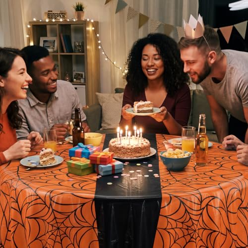 Preboun 6 Pcs Orange & Black Spider Web Round Tablecloth 84" - Halloween Party Decor