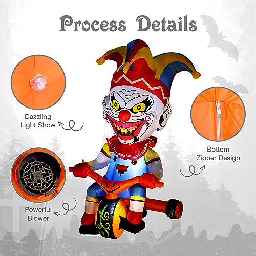 Halloween Inflatable Clown Bicycle Decor - 5 Ft Outdoor Yard with LED Light, Stormproof, for Dia de Los Muertos & Party Festivities