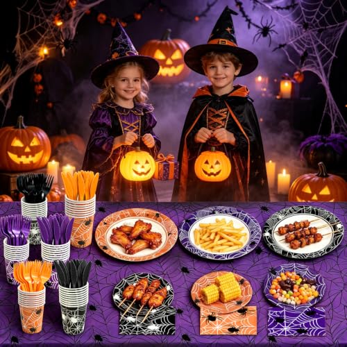 Halloween Spider Web Party Tableware Set for 24 Guests - Plates, Napkins, Cups, Forks & Tablecloths