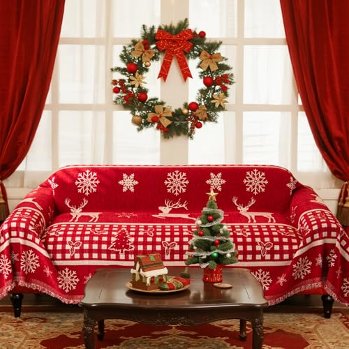 Reversible Christmas Sofa Cover for 2-3 Cushion Couch - Red Deer 71x102 Inches