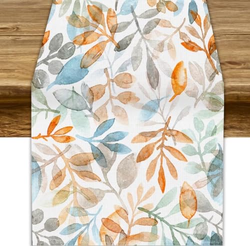 Fall Eucalyptus Leaf Table Runner - Autumn Orange Blue Harvest Thanksgiving Decor, 13x90 Inches - Autumn-5