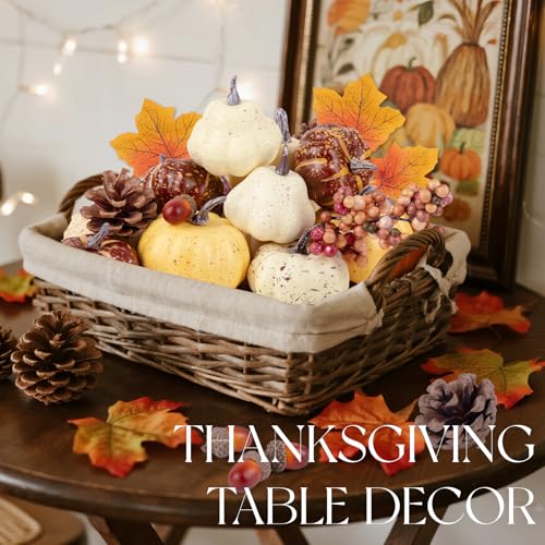 Fake Pumpkin Decor Set - Fall Halloween Thanksgiving Table Decorations with Mini Pumpkins Acorns Pine Cones Berries - Style 1