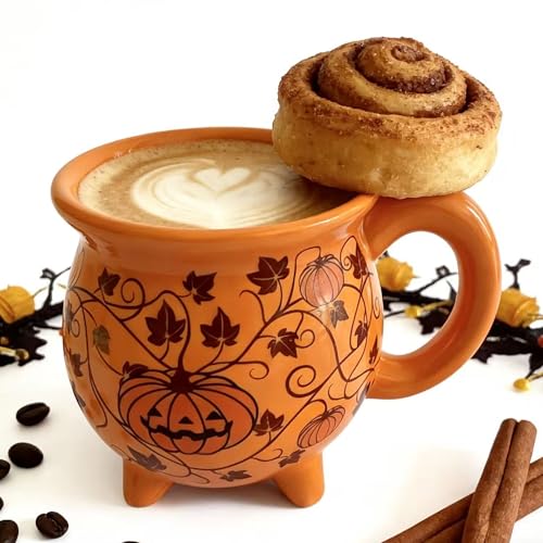 Ceramic Cauldron Mug 12 oz - Witchy Pumpkin Orange Coffee Tea Cup, Magical Gift