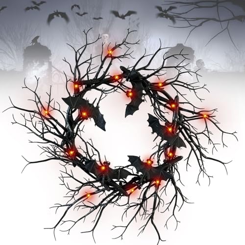 Halloween Black Branch Wreath with Bats - Handmade Seasonal Wall Decor