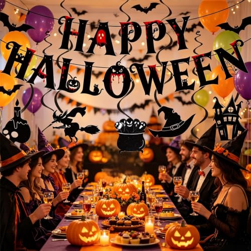 Halloween Party Decoration Set with Banner, Hanging Swirls, Cake & Cupcake Toppers