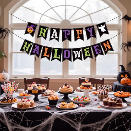 Halloween Decorations Indoor Banner Set with Pumpkin Ghost - White, Orange, Green, Purple