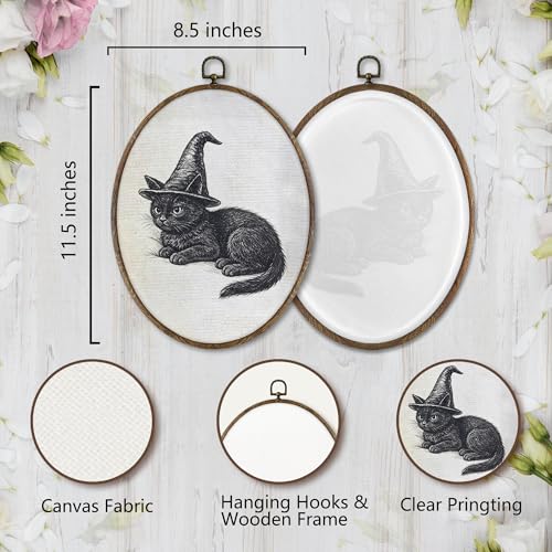 Halloween Witchy Black Cat Wall Art Decor - Oval Canvas Print, 8.5x11.5 Inches
