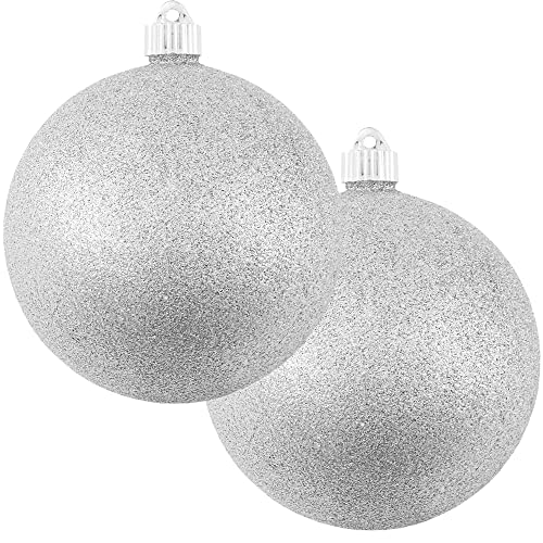 Large Silver Glitter Christmas Ornaments - 6 Inch Water-Resistant Plastic Balls (2 Pieces) - Outdoor Holiday Tree Decorations
