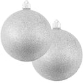 Large Silver Glitter Christmas Ornaments - 6 Inch Water-Resistant Plastic Balls (2 Pieces) - Outdoor Holiday Tree Decorations