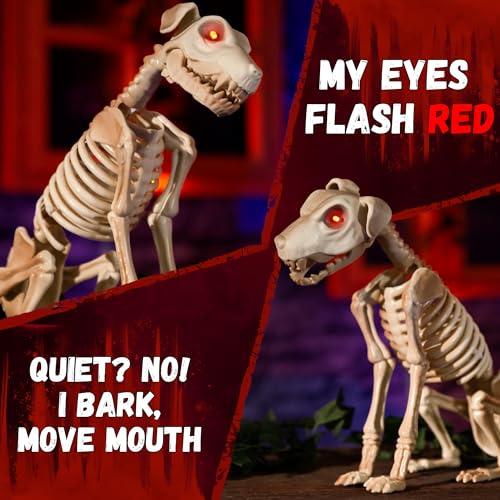 Halloween Animatronics 15-Inch Skeleton Dog with Light-Up Eyes & Sound Activation - Creepy Haunted Prop for Indoor Outdoor Decor