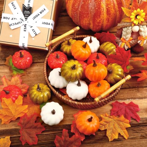 Mini Artificial Pumpkins with Realistic Leaves - Fall Decor Set, Yellow & Green