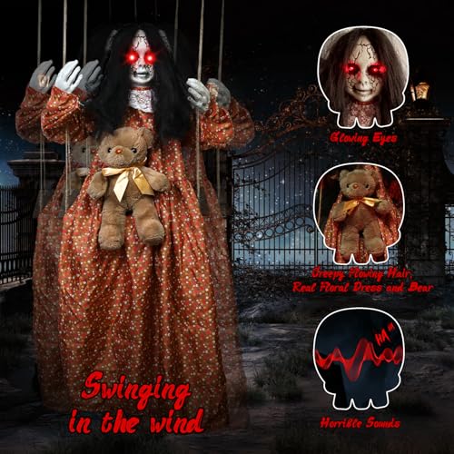 Scary Halloween Swing Ghost Decoration with Light-Up Eyes & Creepy Sound - Indoor & Outdoor Haunted House Props