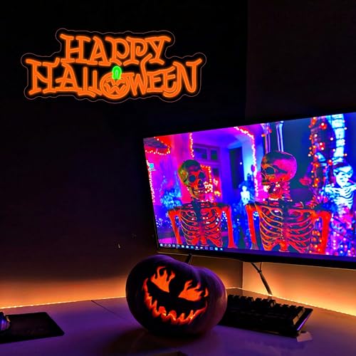 Halloween Neon Light Sign - Orange Pumpkin & Happy Halloween Wall Decor - USB Powered - Variation: Orange Halloween