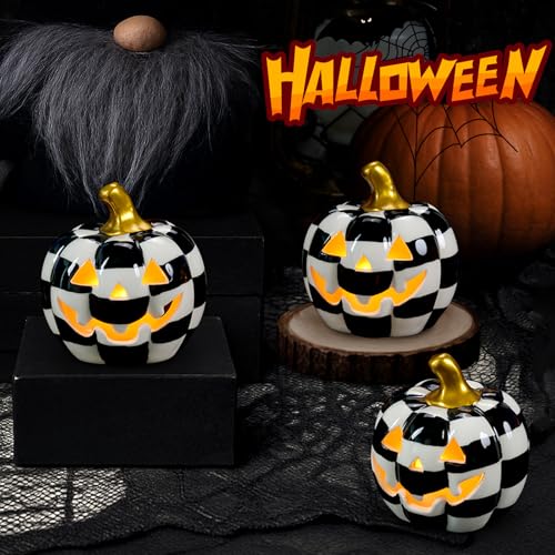 3 Pack Ceramic Pumpkin Lanterns with Tea Lights - Halloween Decor Set - Variation of 3