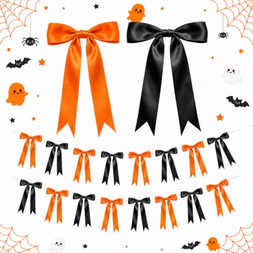 Halloween Bow Garland Banner with Black & Orange Satin Bows - 2 Strands, 16 Large Movable Bows, 13ft Decor