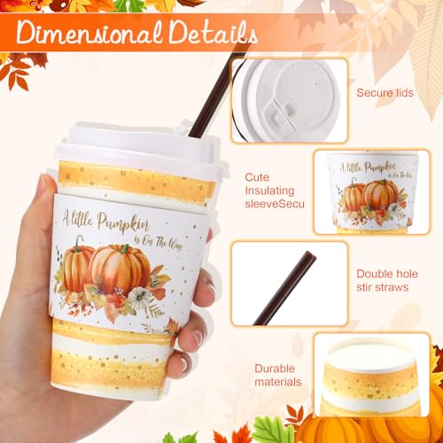 Pickmesh Pumpkin Orange 50 Piece 12oz Fall Coffee Cups Set with Lids Sleeves Stirrers