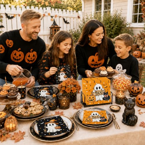 80 Pack Halloween Paper Napkins Ghost Pumpkin Cat Disposable Tableware