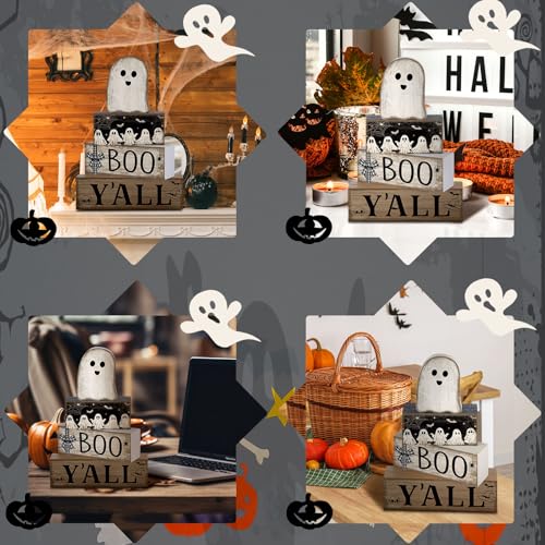 Little Ghost Halloween Wooden Tiered Tray Decor - 4 Pieces, Spooky Whimsy