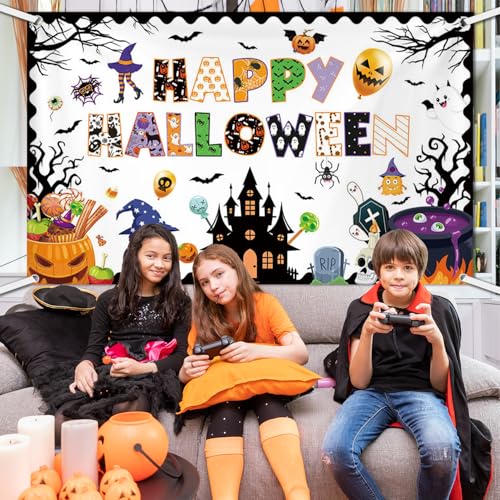 Halloween Classroom Banner Backdrop 70.8x43.3 Inches Ghost Spider Bat Pumpkin Decor - 5.9x3.6ft Variation
