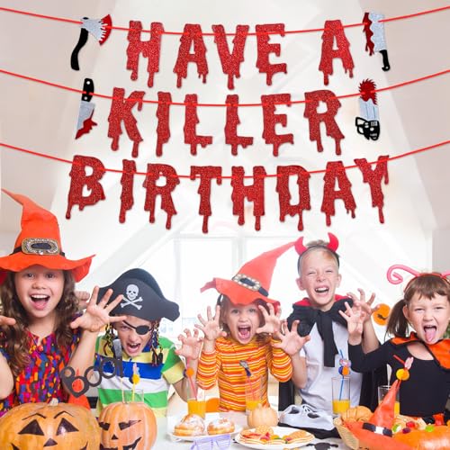 Halloween Birthday Banner with Red Glitter Dripping Blood Design - Spooky Wall Decor