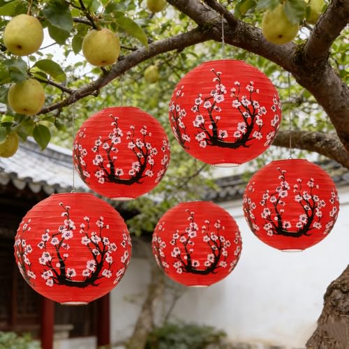 Red Paper Lanterns Set - 6 Pack 12-Inch Hanging Chinese & Japanese Decor for Festivals