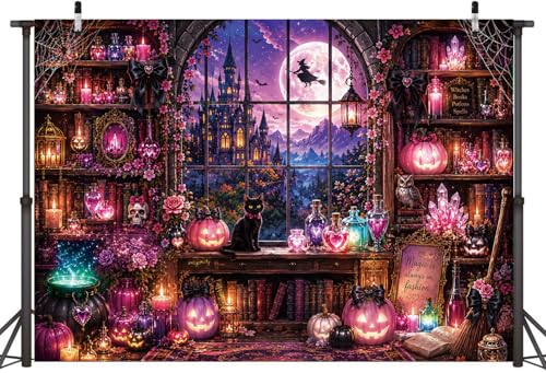 Pink Halloween Witch Library Backdrop 7x5FT for Party & Photo Booth Decorations