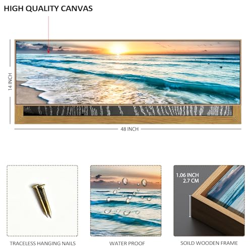 48-Inch Coastal Sunset Ocean Canvas Wall Art - Blue Seaside Landscape, Framed Home Decor