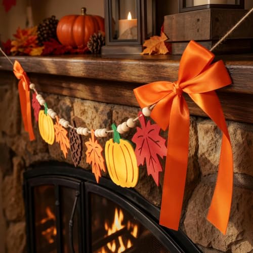 Fall Bow Garland with Acorns and Maple Leaves for Autumn Home Decor