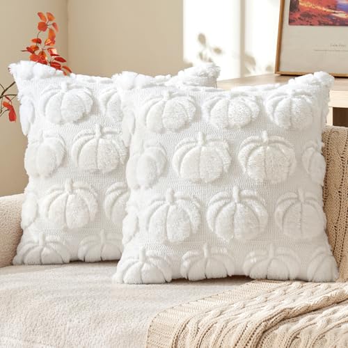 16x16 Fall Pumpkin Pillow Covers Set of 2 - White Decor for Couch & Outdoor