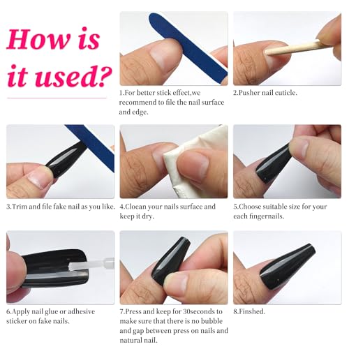 Long Black Coffin Press-On Nails with Glue & Tools – 120PCS Manicure Set