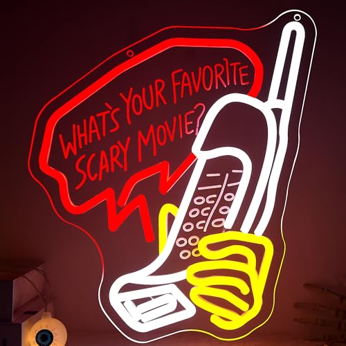 LED Neon Sign - What's Your Favorite Scary Movie? Wall Decor Dimmable Orange & White
